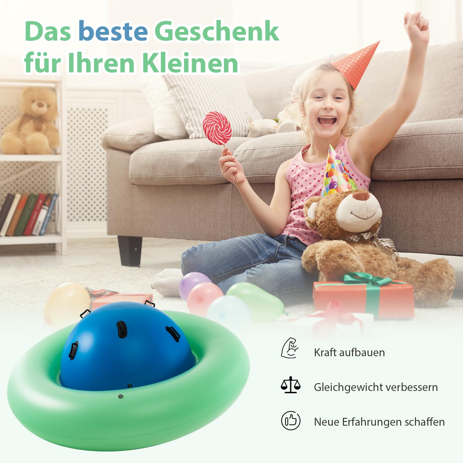 SOARS Aufblasbare Kletterkugel für Kinder ab 5 Jahren - Hüpfball zum Klettern, Kletterkuppel mit 6 Griffen bis zu 113kg belastbar (Blau + Grün)