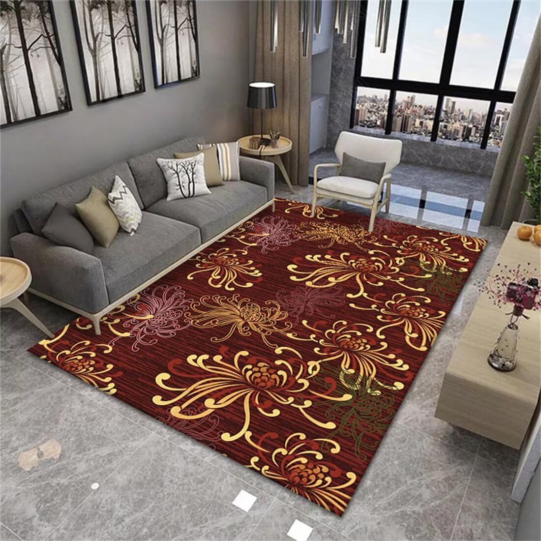 Beau tapis de chambre 120X200CM rouge design fleurs jaunes tapis de canapé salon
