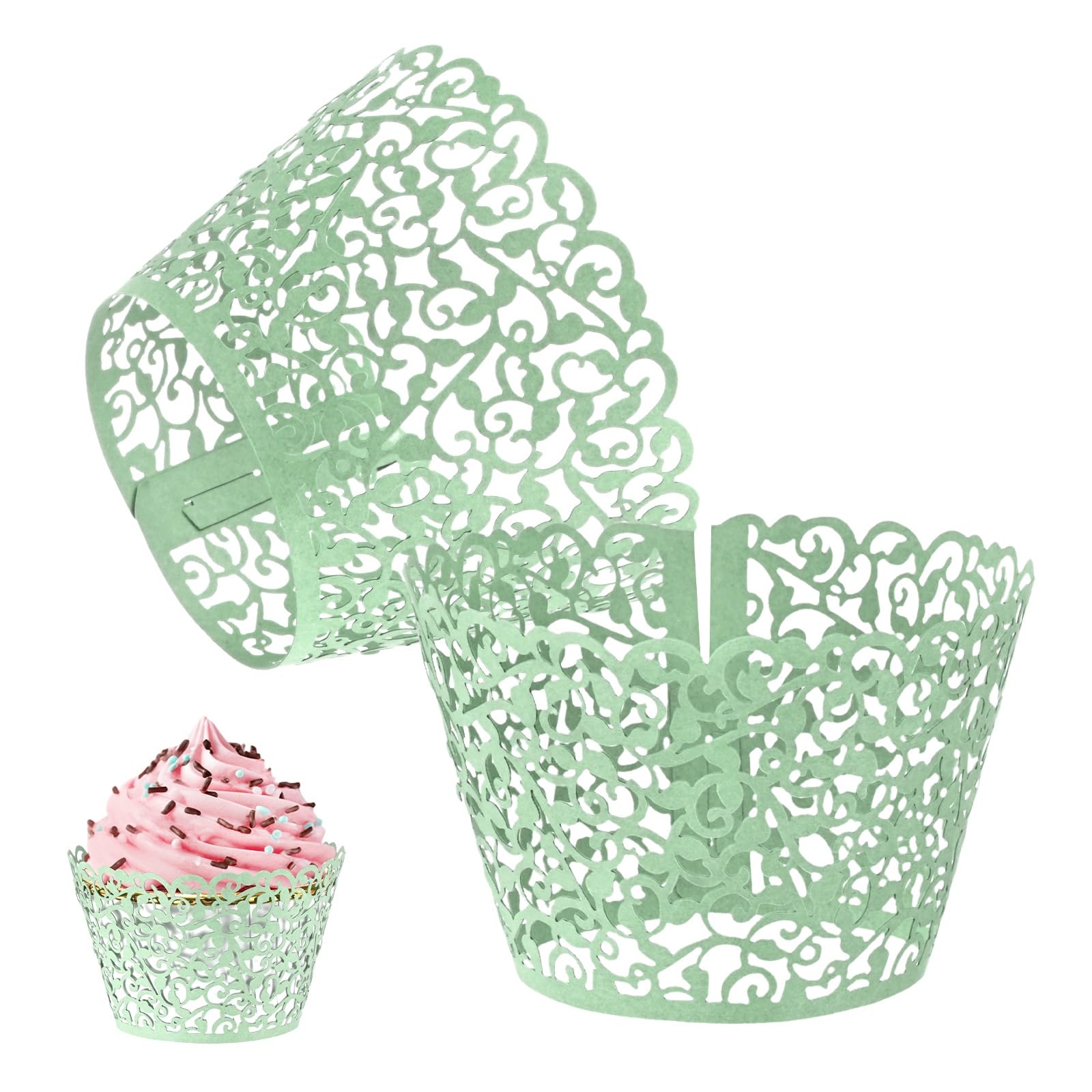 M METERXITY 100-Pack Cupcake Wrappers, Vine Decoration Standard Baking Cups for Wedding/Birthday Party/Bakeries/Cafes Cake Decoration, Bake Cake Paper[Light Green]