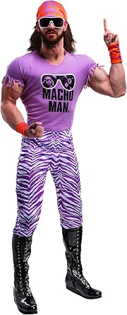 WWE Adult Macho Man Madness Costume Mens, Purple Tough Guy Wrestling Halloween Outfit X-Large Bundle