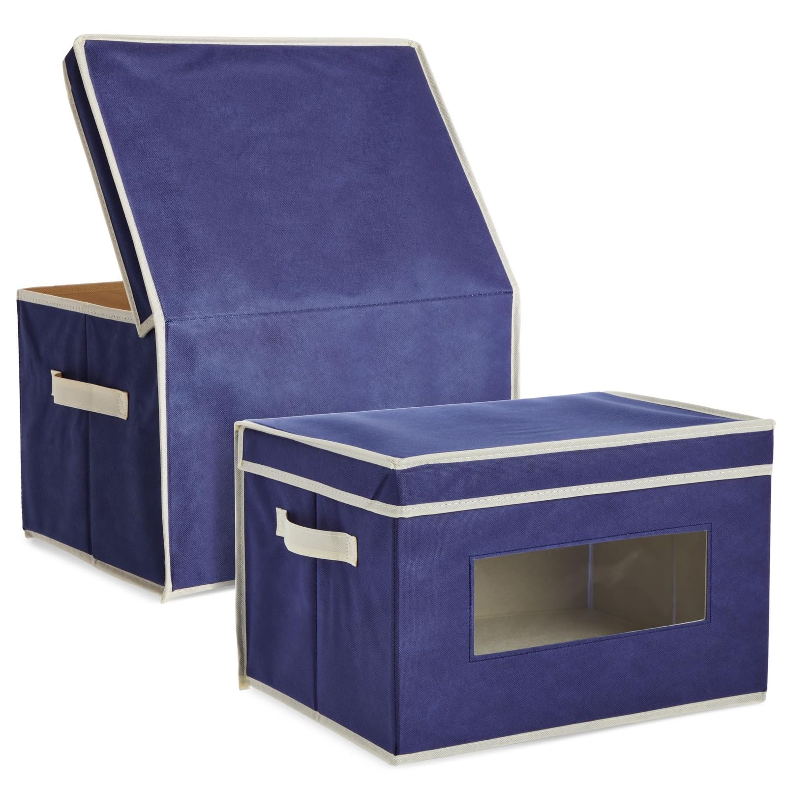 Juvale Confezione da 3 contenitori pieghevoli in tessuto, con coperchio e finestre trasparenti, per la casa, ufficio, 40,6 x 30,5 x 25,4 cm, Beige