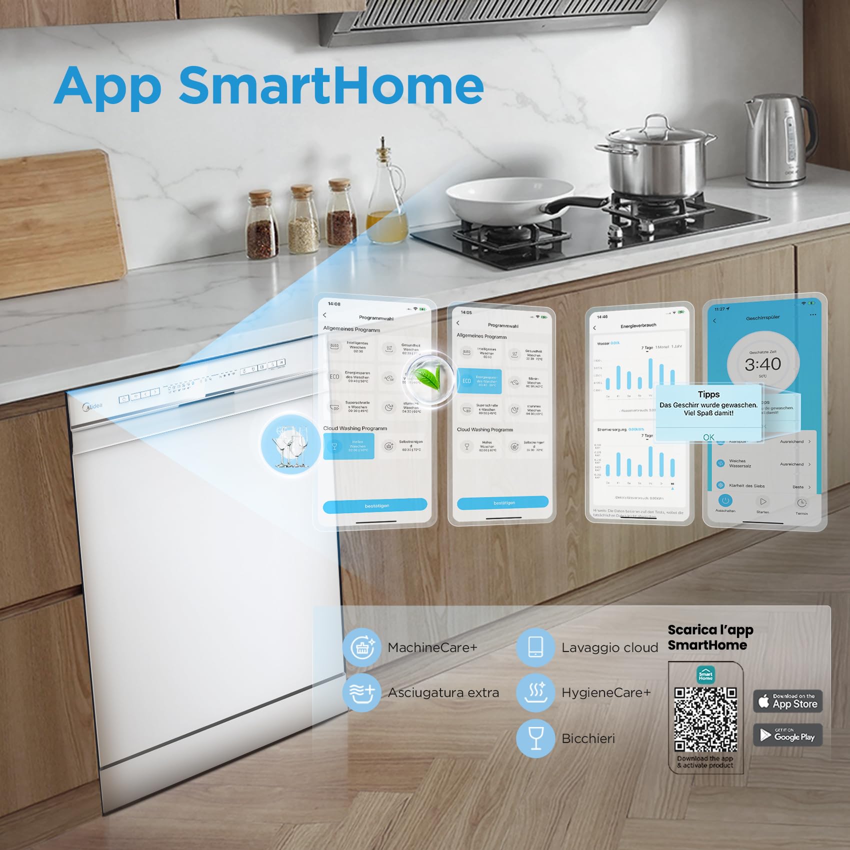 Midea MDWPF1333CW-WD-EU Lavastoviglie Libera Installazione con 13 coperti, 8 Programmi, Partenza Ritardata, Funzione di Mezzo Carico, Asciugatura Extra - Bianco