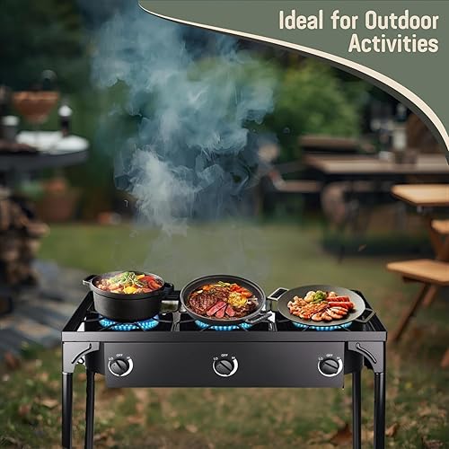 Miniatura 5 de Estufa para exteriores, 3 quemadores, estufa de campamento de gas propano de alta presión con patas desmontables, perfecta para camping patio