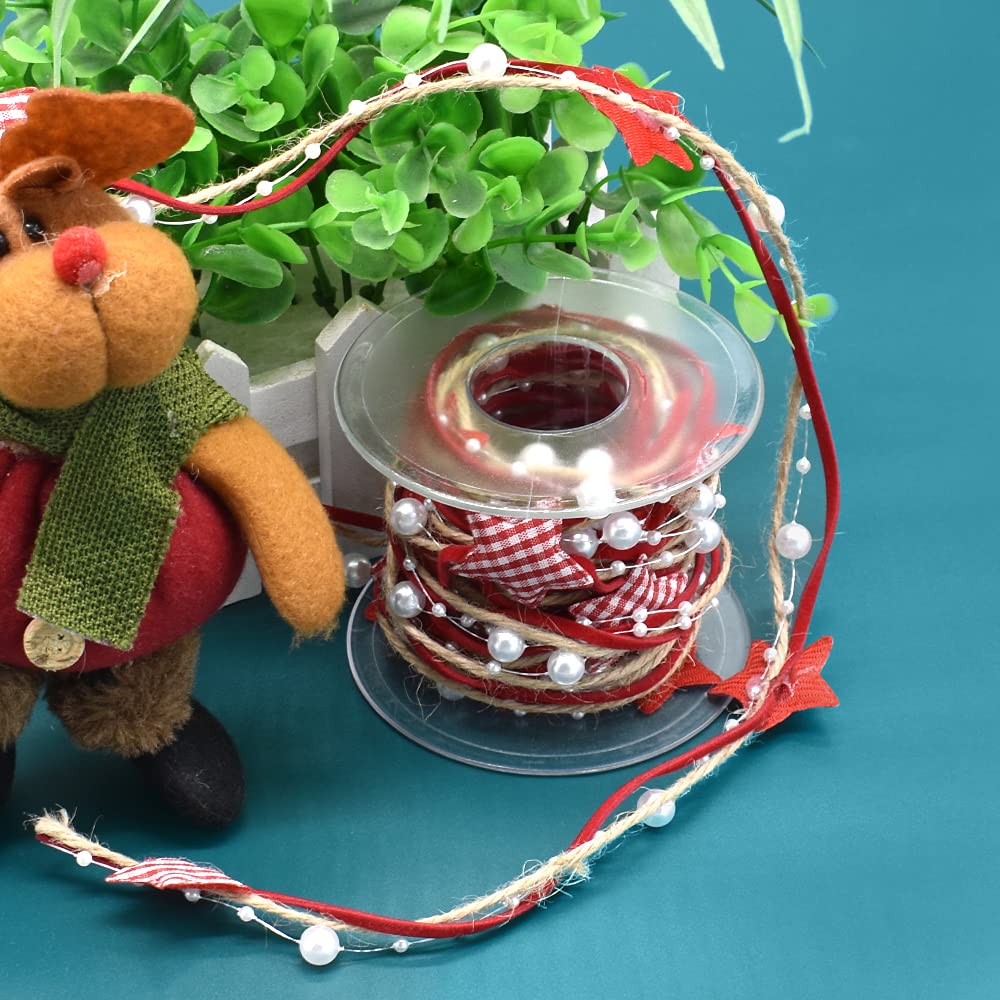 Cinta de perlas de 5 m para árbol de Navidad, regalo con decoración de yute, cinta de Navidad a cuadros rojos, cintas de perlas, guirnalda, decoración, manualidades, costura y embalaje