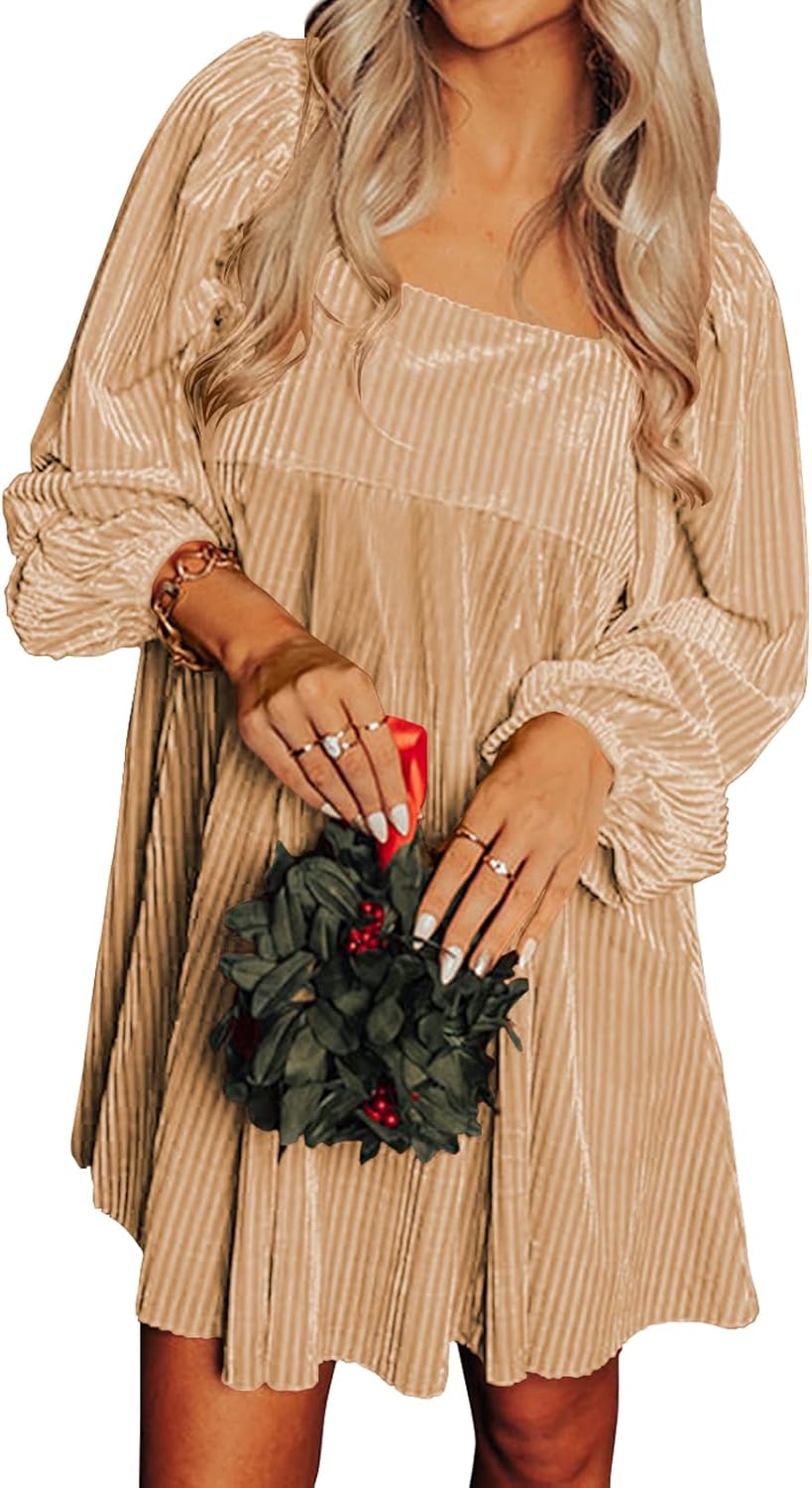 miduo Womens Loose Fit Square Neck Long Sleeve Velvet Mini Babydoll Dresses Shift Dress