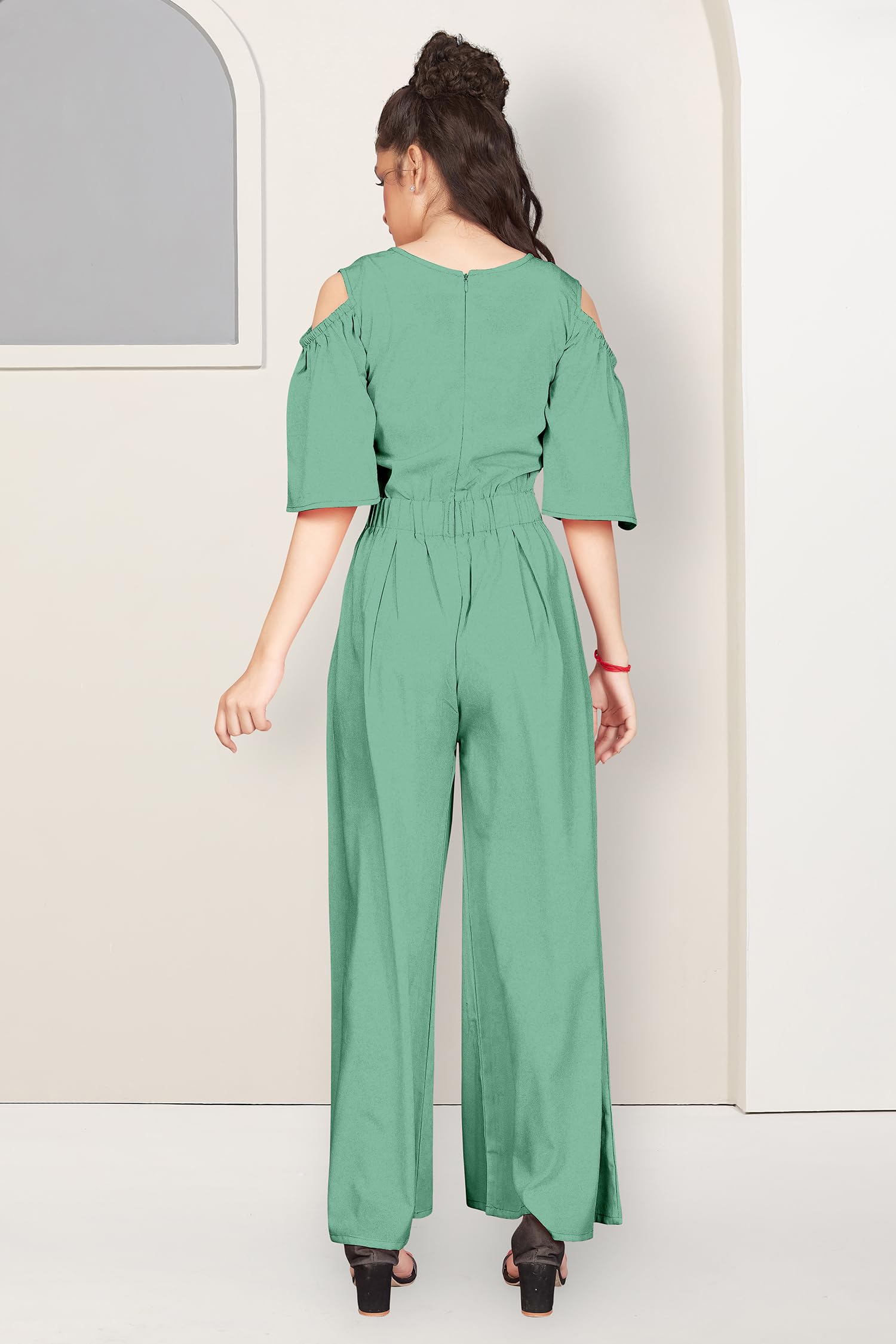 Fashion Dream Girls Cold Shoulder Flutter Sleeve Jumpsuit(FDGJMP00104 PST 32_Pista_9-10Years) - Image 2 thumbnail