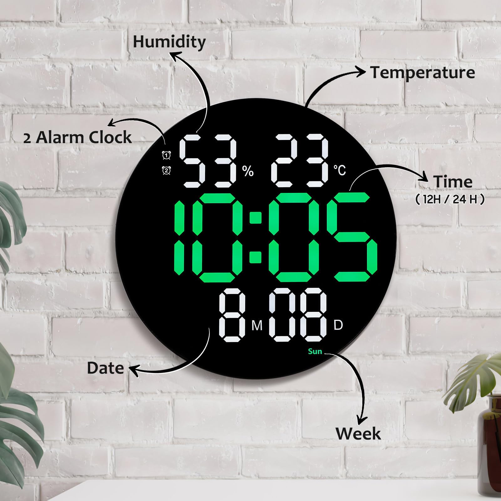 Tofficu Digitale LED Wanduhr mit Temperatur und Luftfeuchtigkeitsanzeige Acrylgehäuse Fernbedienung Großes Display für Wohnzimmer und Schlafzimmer