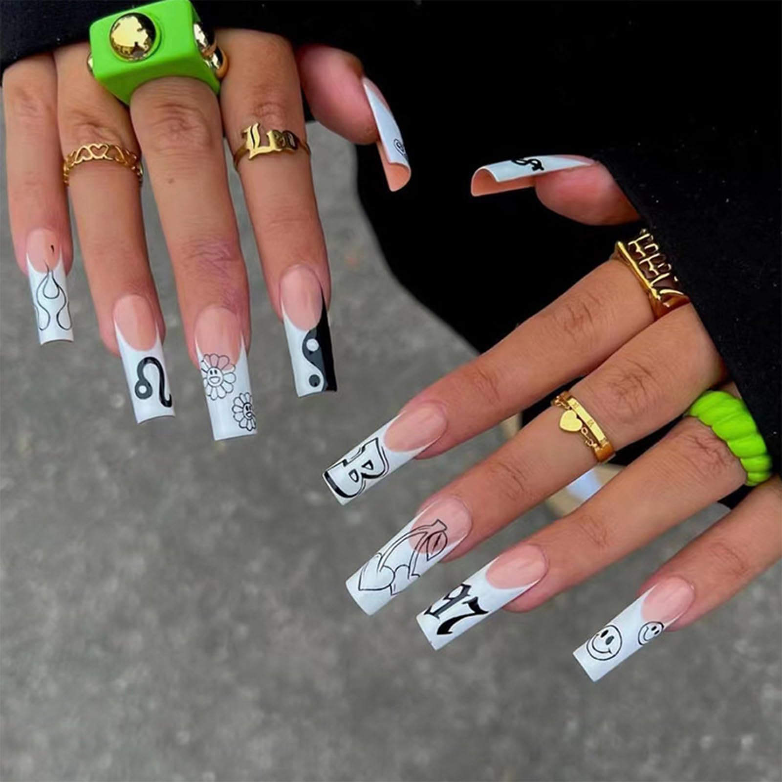 French Almond Fake Nails,Cute Acrylic Nails,Fake Nails with Pentagram,Nude Ladies Artificial Nails 24 pcs: Black and White Collocation