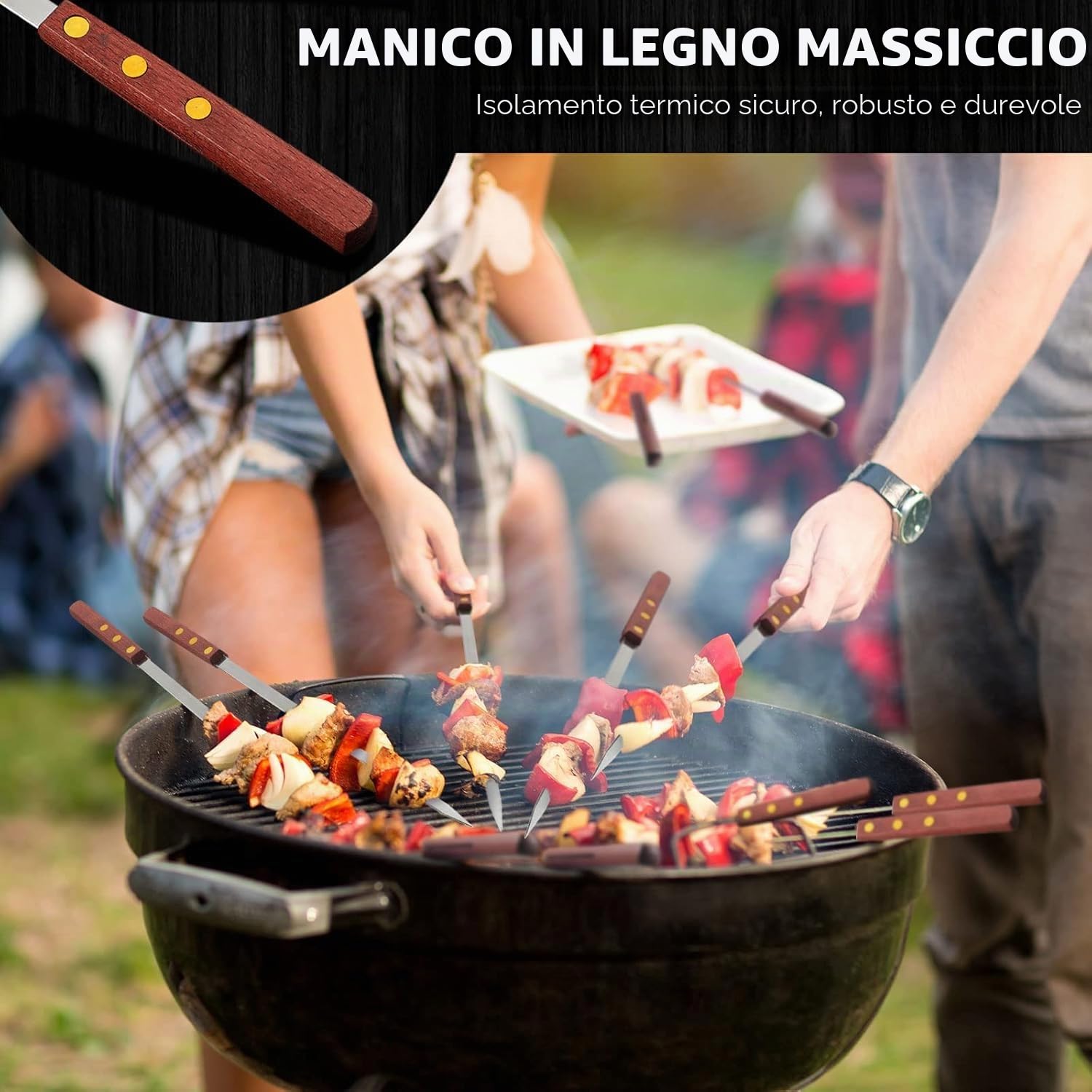 8 Pezzi Spiedini Piatti in Acciaio Inox, Spiedini Riutilizzabili da 60 cm, Spiedini Extra-lunghi con Manici in Legno, Posate per Barbecue, Spiedini per Verdure Accessori per Barbecue