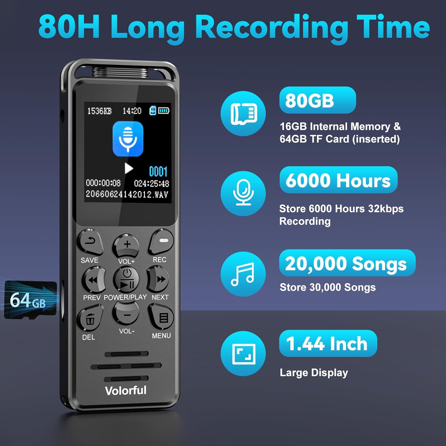 80GB(6000H) Digital Voice Recorder with Playback, Volorful 80H HD Audio Recorder with Al Noise Reduction for Lectures Meetings Interviews, Recording Device with Microphone, Lock, Password