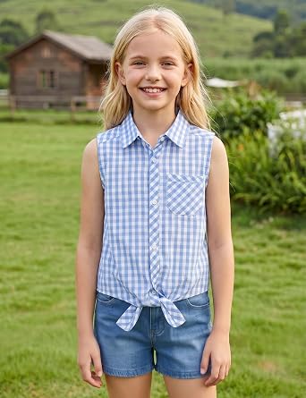Noomelfish Girls Sleeveless Button Down Shirt Tie Knot Blouse Western Cowgirl Outfit (5-12 Years)