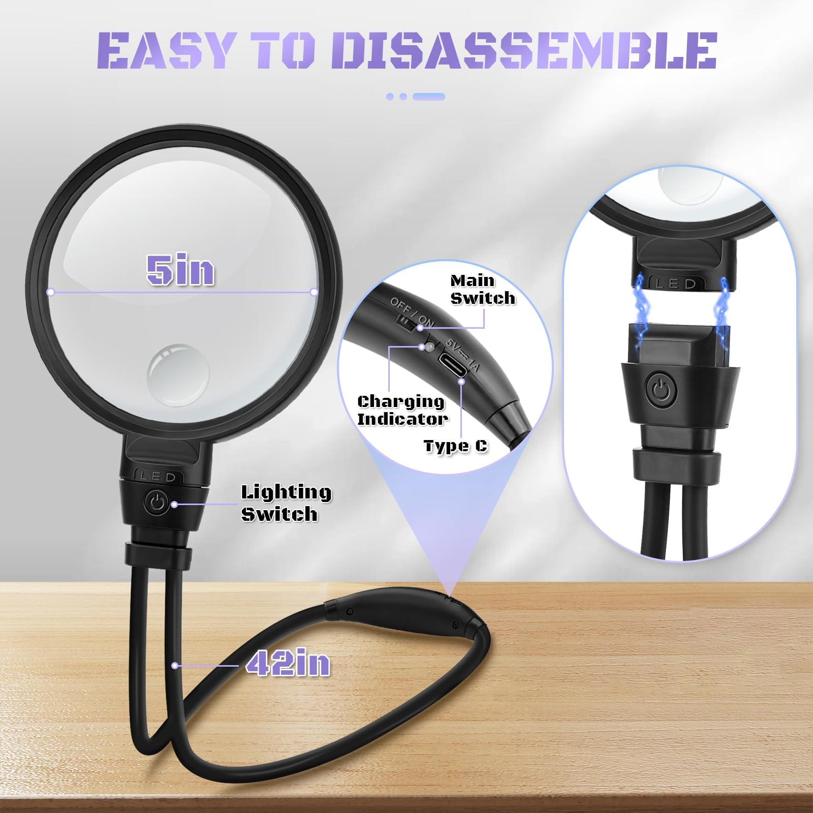 Loupe mains libres 10x LED 3 couleurs col de cygne flexible HD pour lecture couture