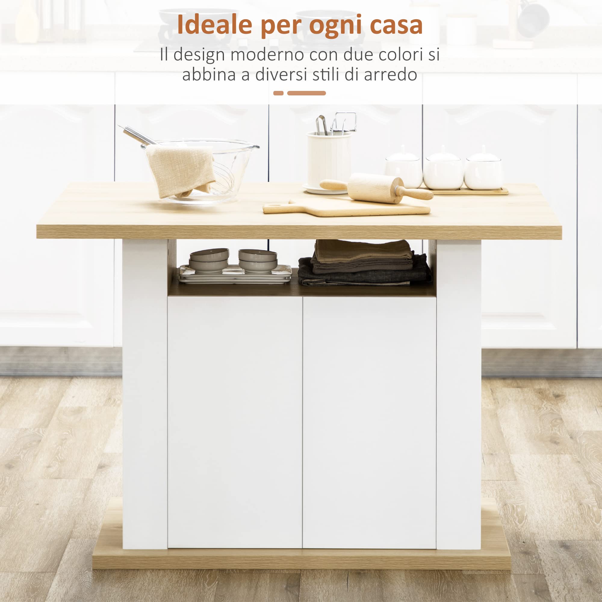 HOMCOM Isola per Cucina 4 Persone 110x70x75.5 cm Bianco e Color Legno