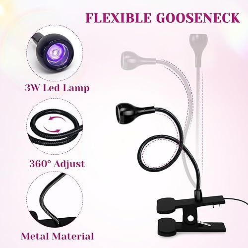 Miniatura 64 de AORAEM Lámpara LED UV para uñas: lámpara U V de cuello de cisne de doble cabeza para uñas de gel, luz LED de curación flash con 6 lupas para el Negro