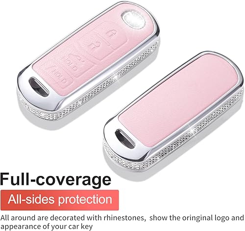 Miniatura 7 de Funda para llave de arranque remoto, con llavero, de piel auténtica color rosa, con cristales, carcasa protectora