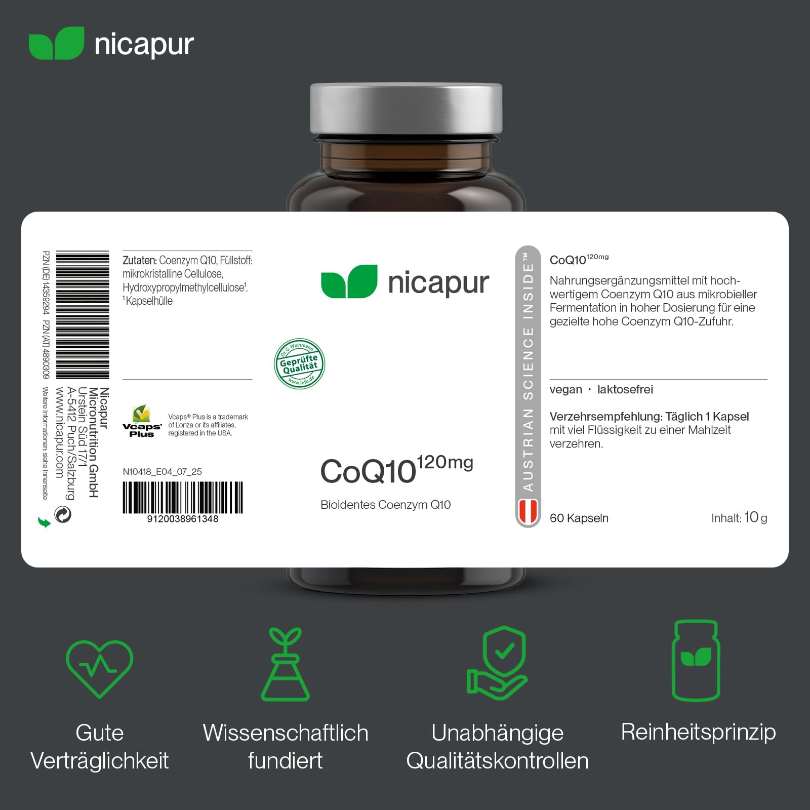 nicapur® Coenzym Q10 120 mg pro Kapsel I 100 % reines, bioidentes COENZYM Q10 I 60 Kapseln I laborgeprüft I in Österreich produziert I vegan