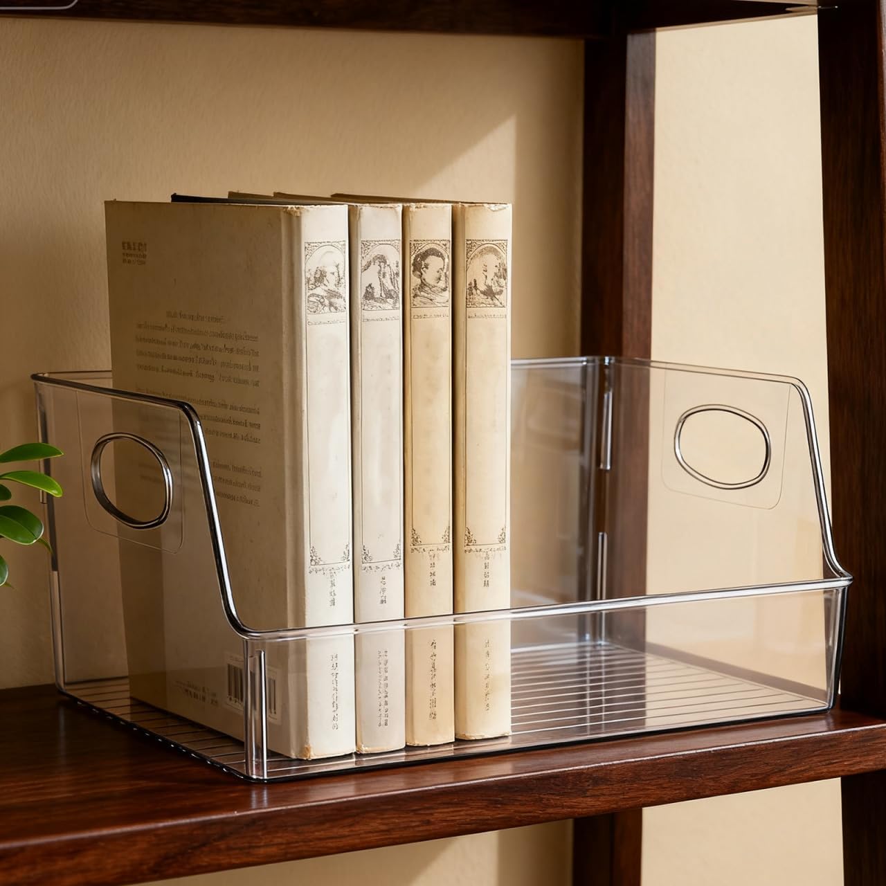 NUOBESTY Clear Book Storage Box with Handle 13.4X8.5X5.9 Inch Plastic Organizer for Classroom Office Children S Books and Stationery Storage
