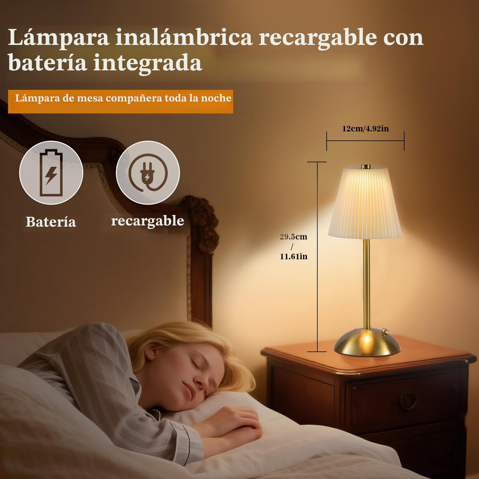 Lámpara de mesa inalámbrica LED, nocturna táctil, batería regulable, pantalla de lino blanco, batería recargable, conector USB-C