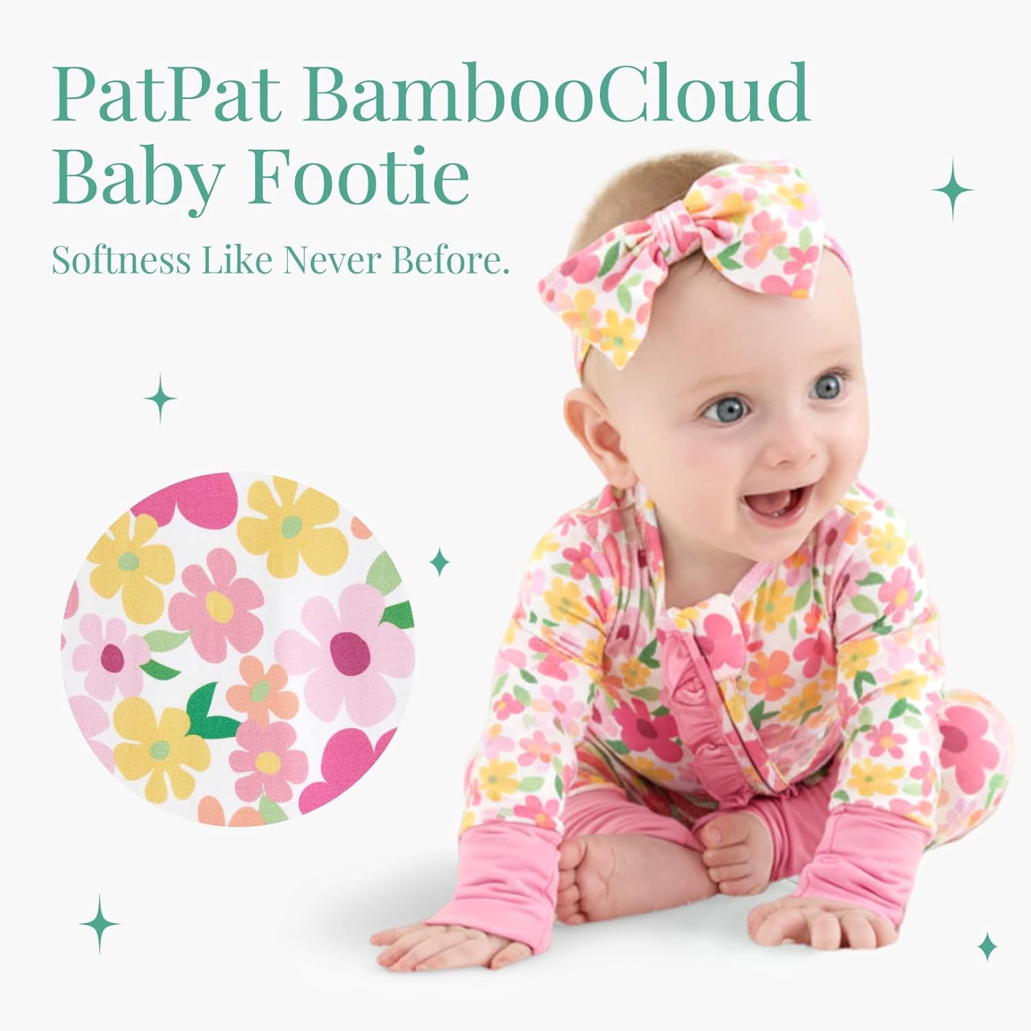 PATPAT Baby Girl Boy Footie Clothes, Bamboo Viscose, 2-Way Ruffled Zipper, Fold-Over Mittens & Cuffs with Headband - Image 2