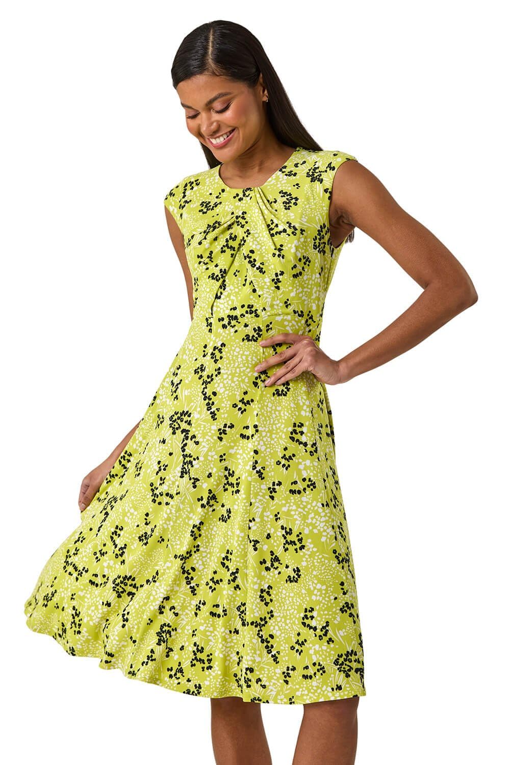 Roman Originals Ditsy Floral Keyhole Twist Dress for Women UK - Ladies Everyday Holiday Spring Summer Round Neckline Comfy Soft Evening Vacation Work Party - Lime - Size 12