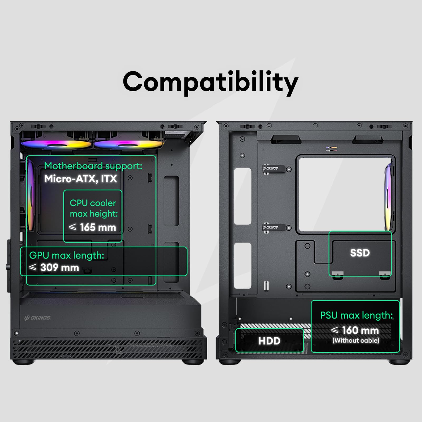 Okinos Aqua UNO - Custodia Micro ATX, senza supporto per radiatore, lunghezza massima GPU 309 mm, frontale e laterale in vetro temperato panoramico a sgancio rapido, ventole ARGB 3 x 120 mm