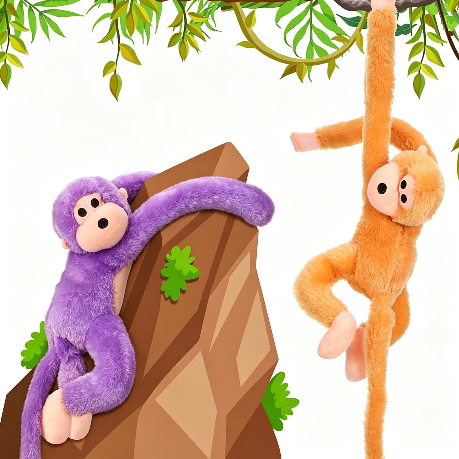 Hanging Monkey Stuffed Animal, 27.5 Inch Interactive Plush Monkey Toy with Sound & Long Arms for Curtain Tie-Back, Kids Room Decor (Purple +Yellow)