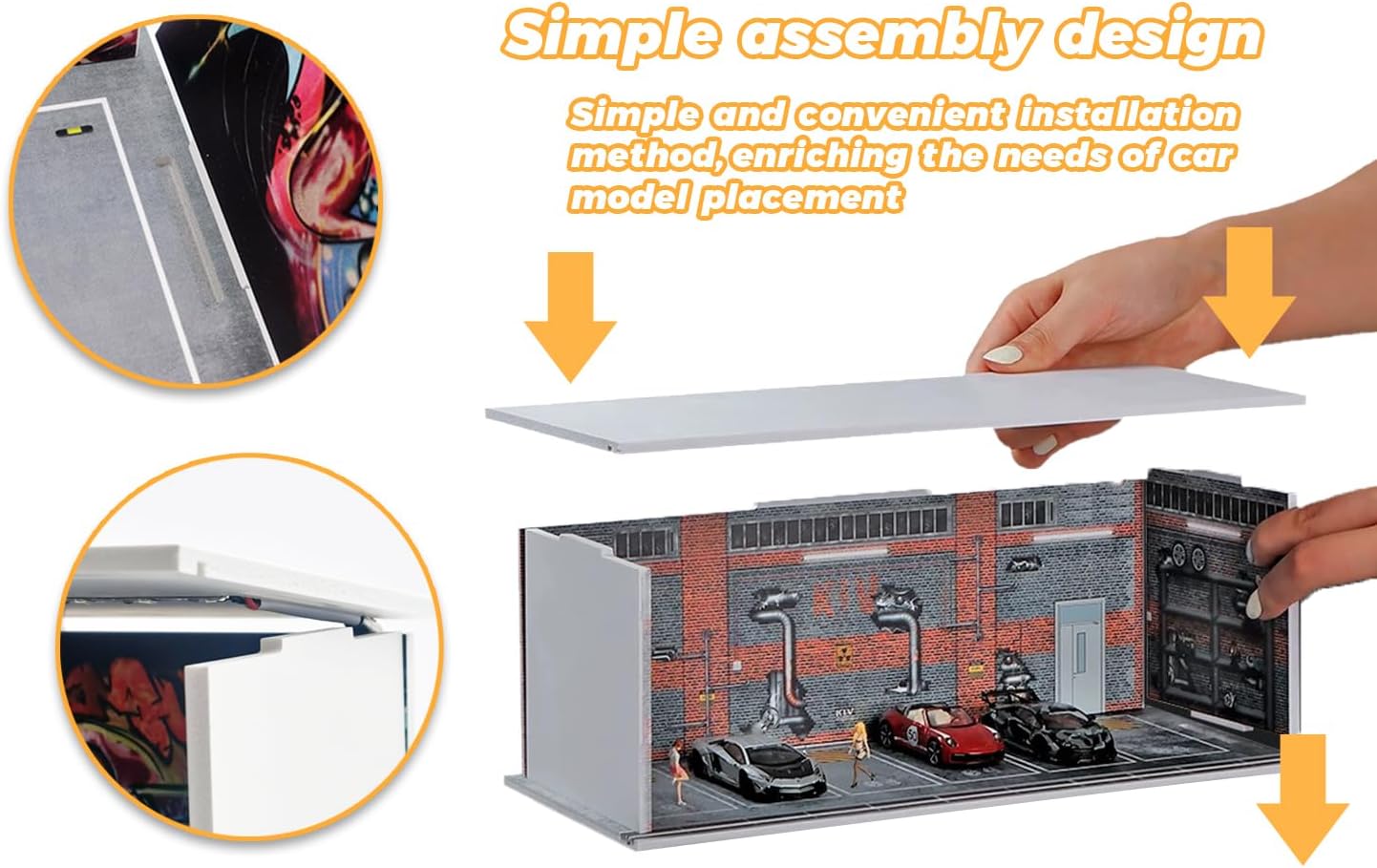 1/64 Car Model Display Case with LED Lights for Hot Wheels,Matchbox Cars Diecast Alloy Small Truck Collectibles Storage Box-Dilapidated Factory Scenes Parking lot(KW384-C)
