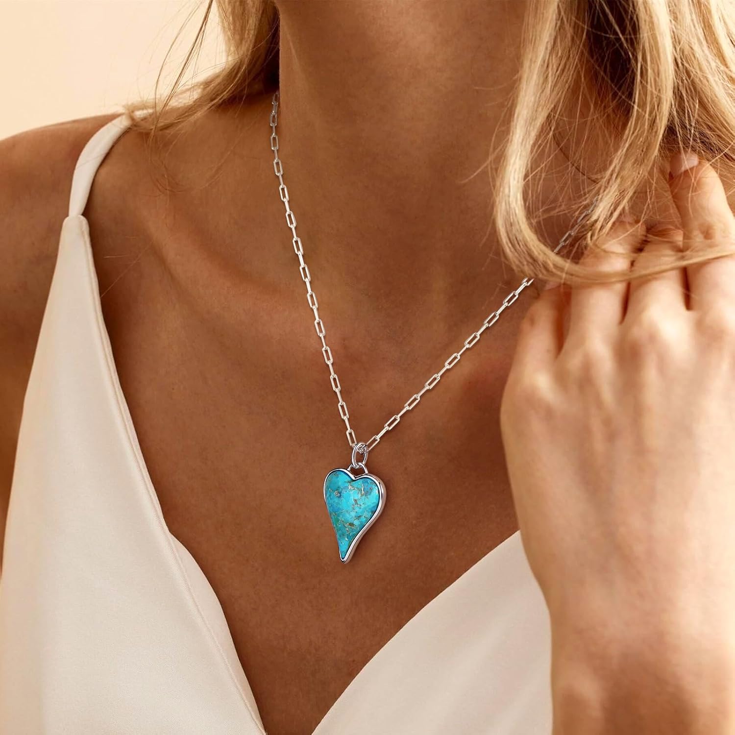AIBAO Long Heart Necklaces for Women Rhodium plated Sterling Silver Paperclip Chain Necklace Turquoise/Coral/Malachite Pendant Western Jewelry