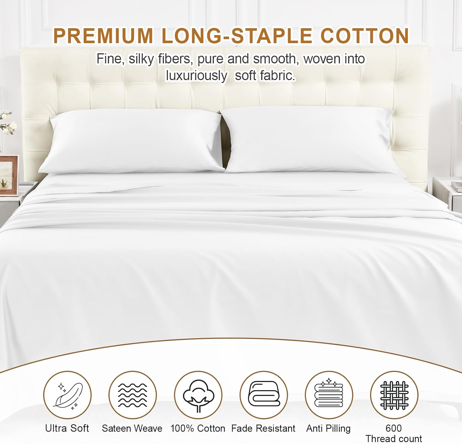 Warmstar 100% Cotton White Queen Fitted Sheet Only, 600 Thread Count Sateen Soft Breathable Queen Size Fitted Bed Sheet Deep Pocket,Fits Mattress Up to 15"