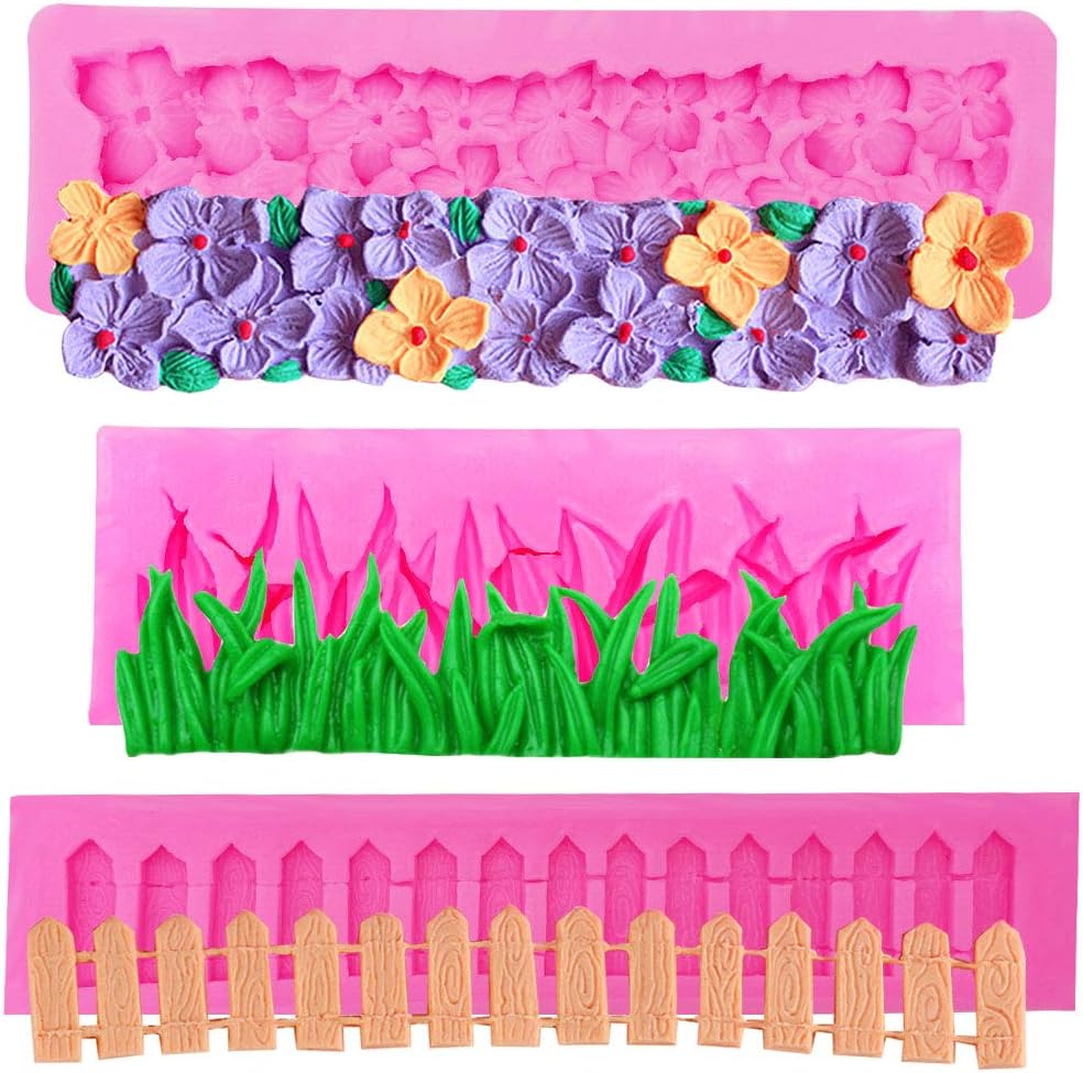 3PCS Green Grass Garden Picket Fence Silicone Fondant Mold