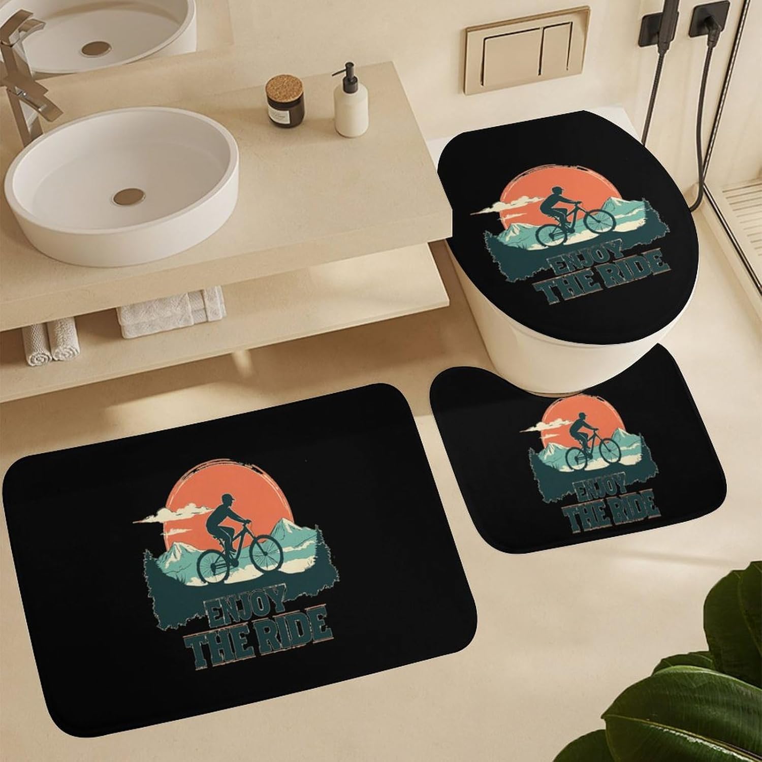 Enjoy The Ride Cycling Cyclist Bathroom Sets with Shower Curtain and Rugs 4 Piece with U-Shaped Floor Mat Toilet Lid Cover