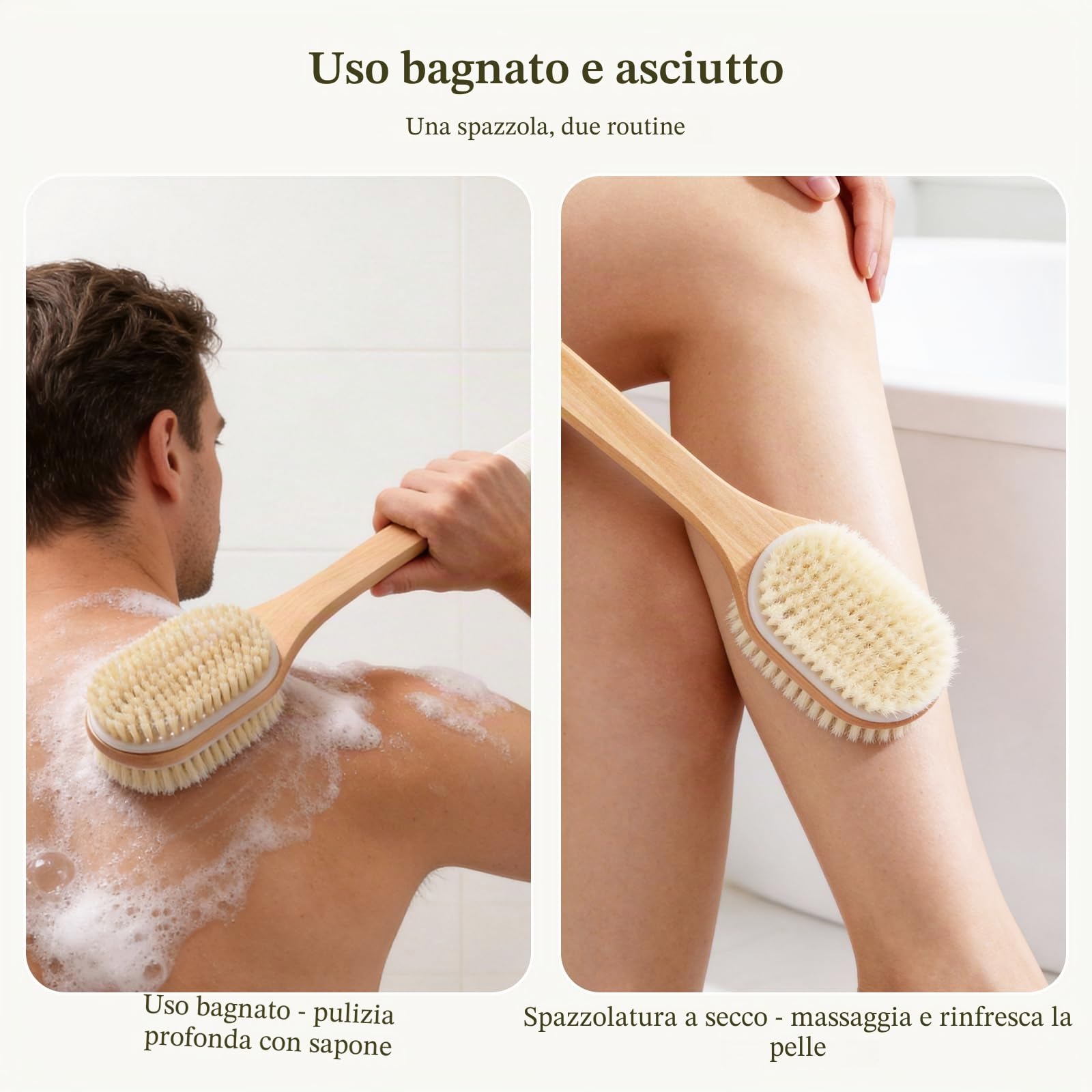 Blendura Spazzola Schiena Doccia Manico Lungo, Spazzola Corpo Bagnato e Asciutto Setole Morbide Esfoliante Corpo, Lunghezza 43 cm