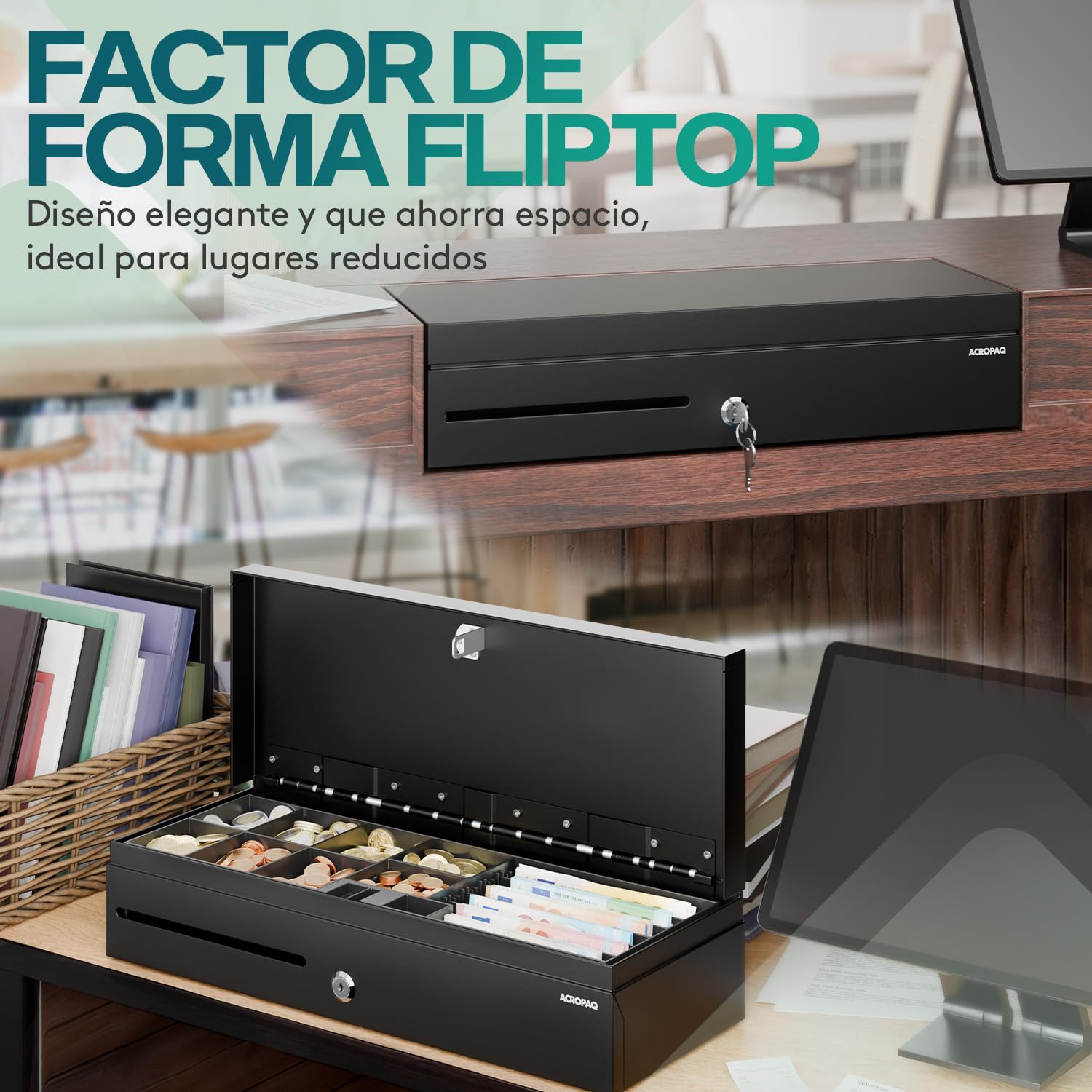 ACROPAQ Cajón portamonedas Fliptop - Compatible con caja registradora RJ11, 6 compartimentos monedas y 8 billetes, (46 x 18 x 10 cm) Carcasa de metal resistente, Inserto extraíble
