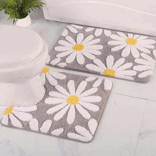 QJHOMO Gray Bathroom Rugs Sets 2 Piece, Cute Daisy Flower