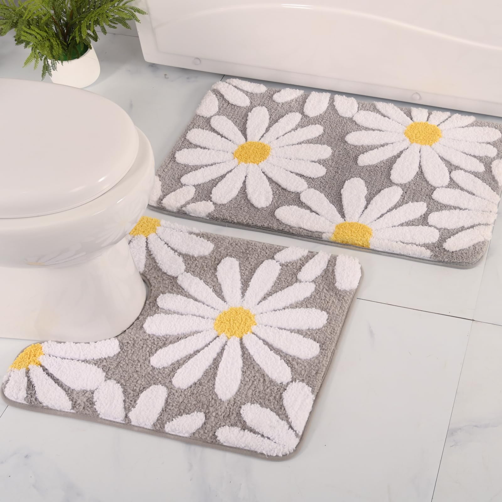 QJHOMO Bathroom Rug Set 2 Piece, Cute Daisy Bath Mat Gray Toilet Rug U Shaped, Flower Deocr Bathroom Set Non Slip Contour Bathmat, Super Absorbent Microfber Floor Mats Machine Washable Carpets
