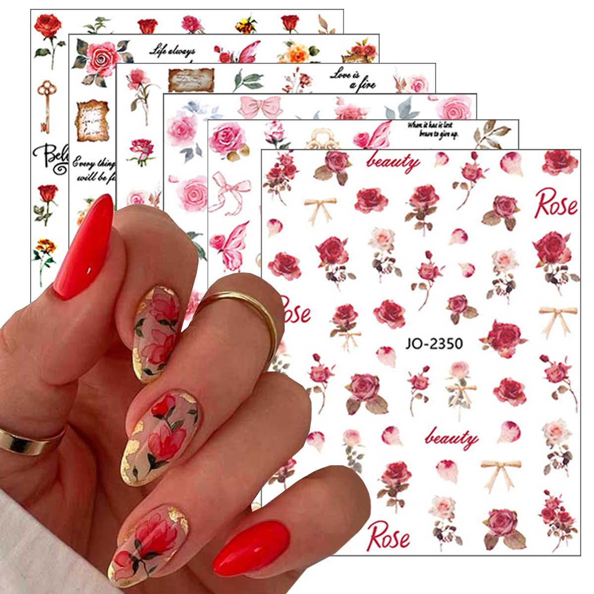 6 Sheets 3D Spring Floral Nail Stickers - Self-Adhesive Colorful Retro Rose Flower Nail Art Decals for Women DIY Nail Decorations