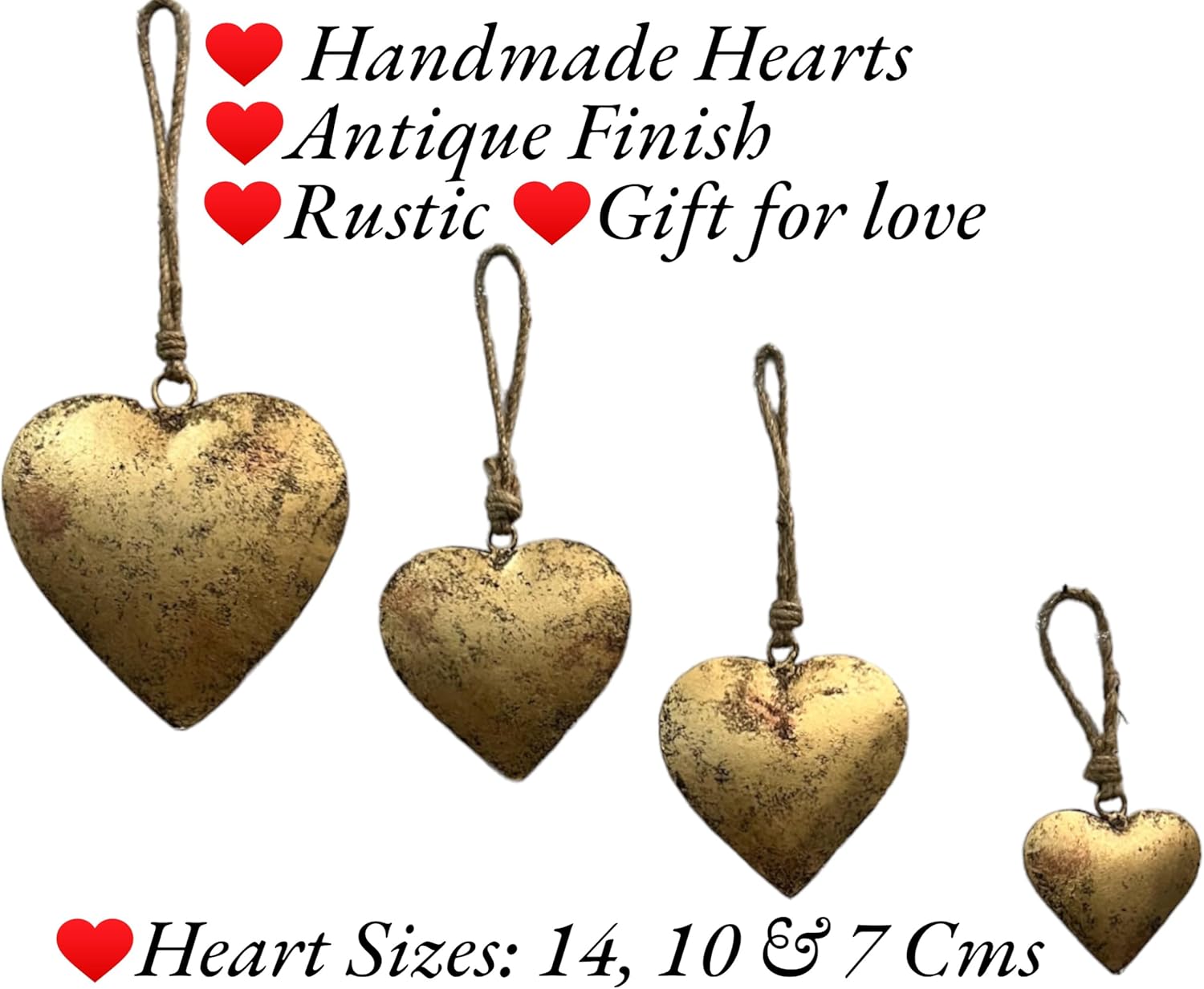 Rustic Metal Heart Wall Decor Set of 4, Antique Gold Finish, Vintage Farmhouse Hanging Art, Country Home Decor for Indoor & Outdoor, Valentine's & Christmas Ornaments, Handcrafted by Indian Artisans