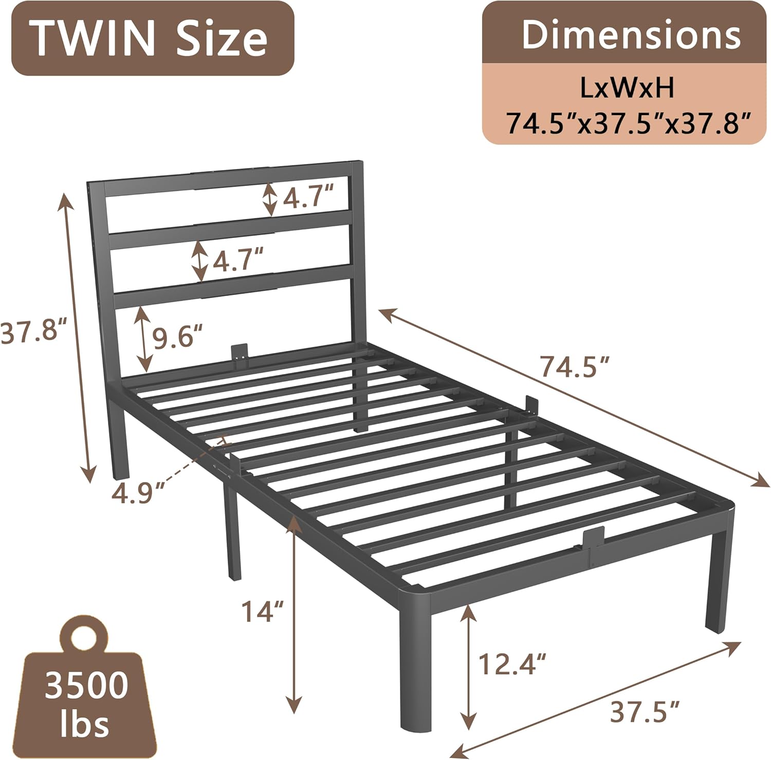 14 Inch Twin Bed Frame with Headboard, Black Metal Twin Size Bed Frame, No Box Spring Need, Anti-Slip Gaskets, Noise-Free, Heavy Duty Steel Platform Support, Easy Assembly