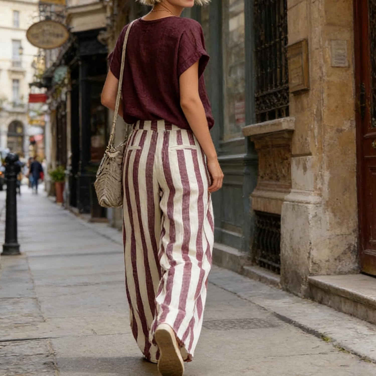 Summer Cozy Loose-fit Striped Cotton-linen Two-piece Set, Elegant Minimalist T-shirt And Striped Wide-leg Pants