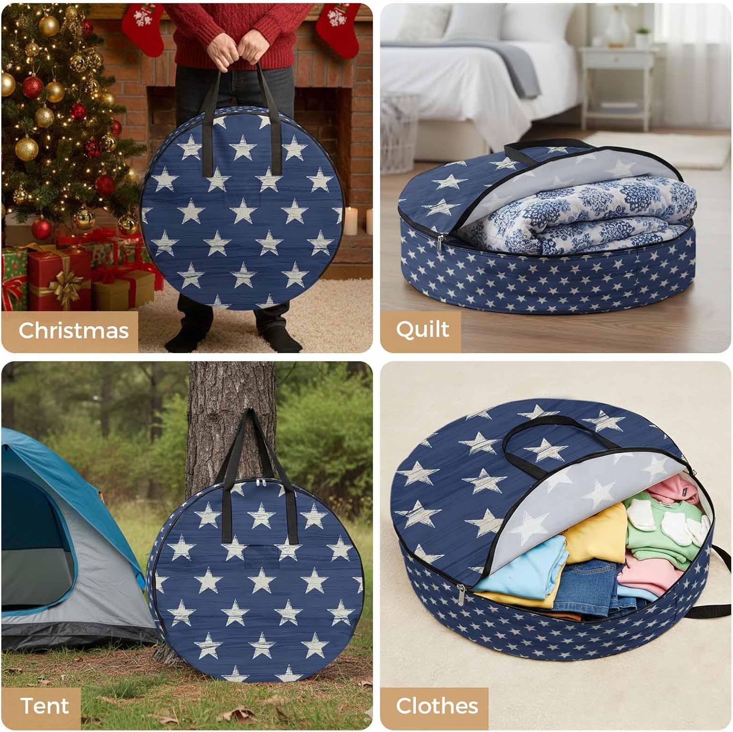 Independence Day Round Storage Bag 36 Inch, Retro Stars 4th of July Blue Background Clothes Storage Container with Handles Heavy Duty Organizer for Comforter, Bedding & Holiday Wreaths