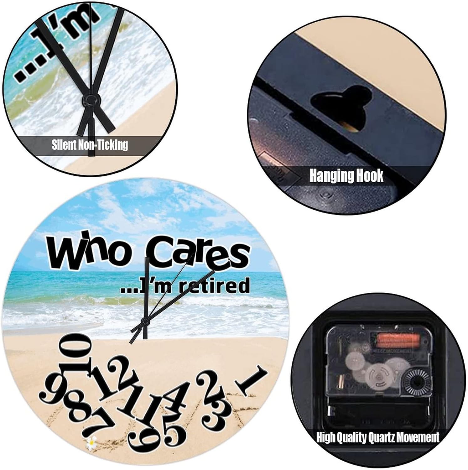 Beach Country Souvenir Gift Clock for Wall Funny Gift for Retirement Clock Who Cares I'm Retired Beach Clocks for Wall Battery Operated Silent Clocks for Living Room 15inch