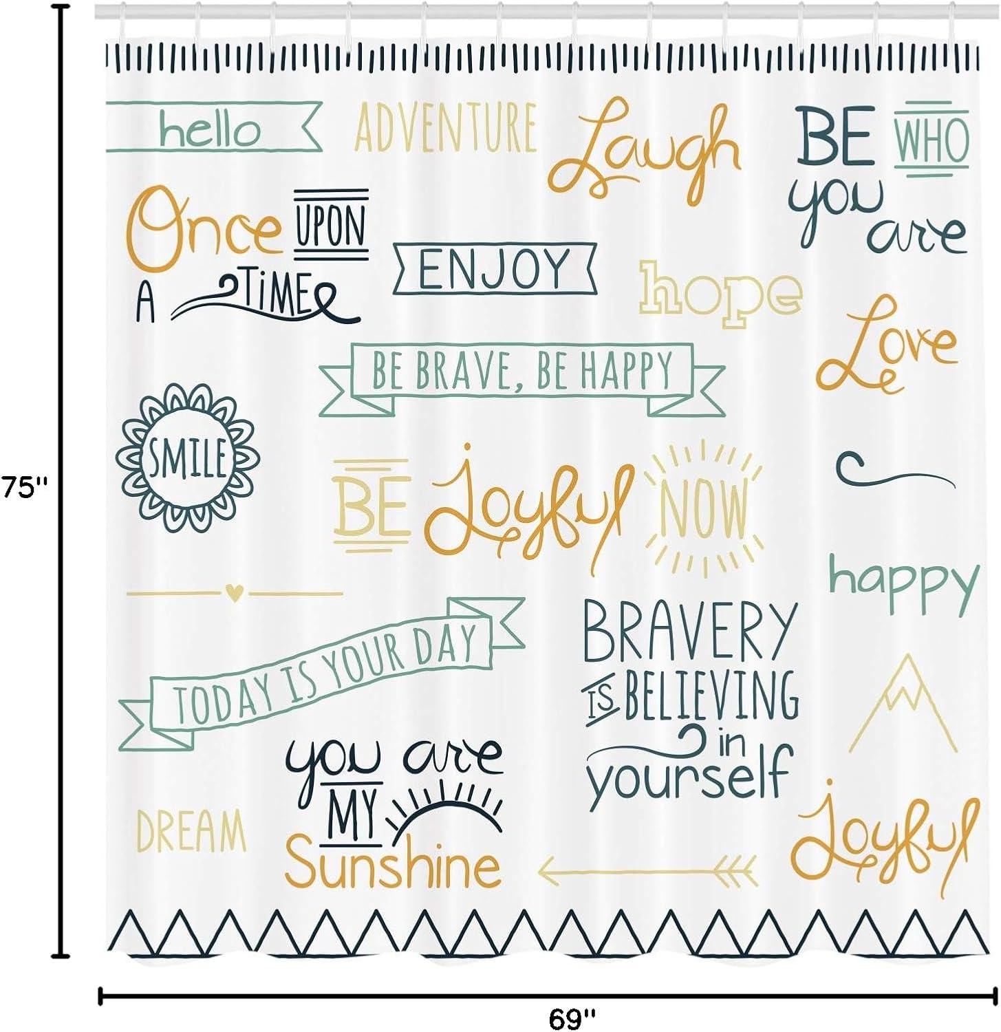 Ambesonne Adventure Shower Curtain, Various Words on Happiness and Self Value Uplifting Phrases Being Who You are, Cloth Fabric Bathroom Decor Set with Hooks, 69" W x 75" L, Grey Teal