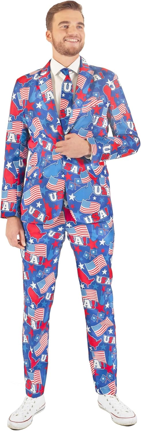Offstream Men's Party Costumes - USA Patriotic Theme - Slim Fit - Includes Matching Blazer Jacket, Pants & Tie
