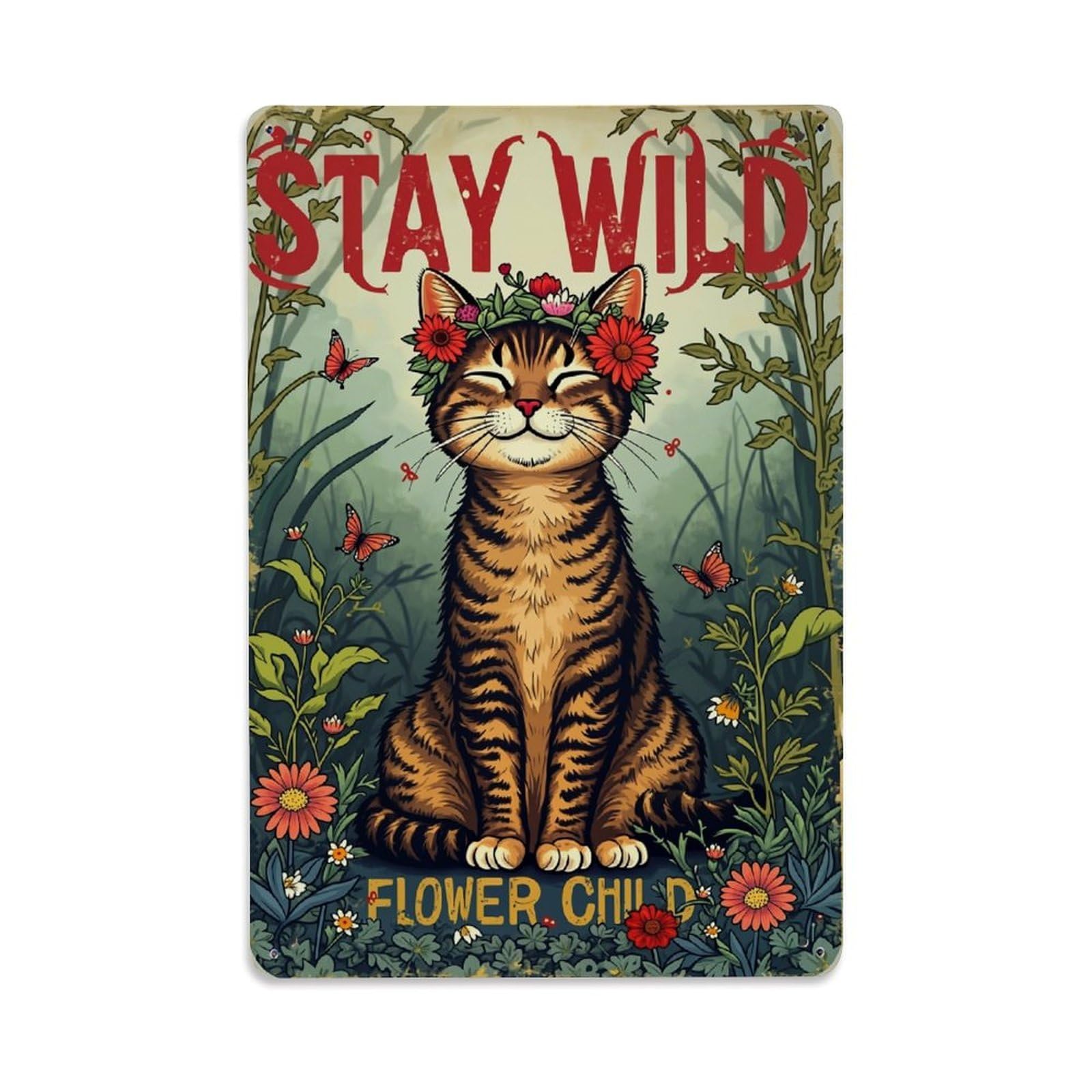 Jdfenggu Vintage Stay Wild Flower Child Cat Retro Metal Tin Sign, Metal Poster For Bar, Home, Man Cave, Kitchen, Laundry Room Art Decor 8X12 Inch