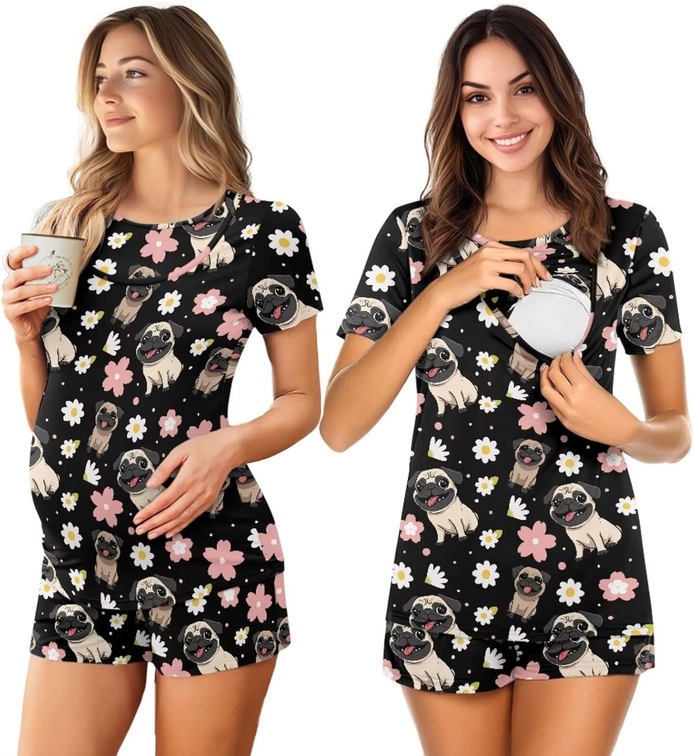 Xoenoiee Women Maternity Nursing Pajama Set Breastfeeding Double Layer Pregnancy Pjs 2Pcs Set Postpartum