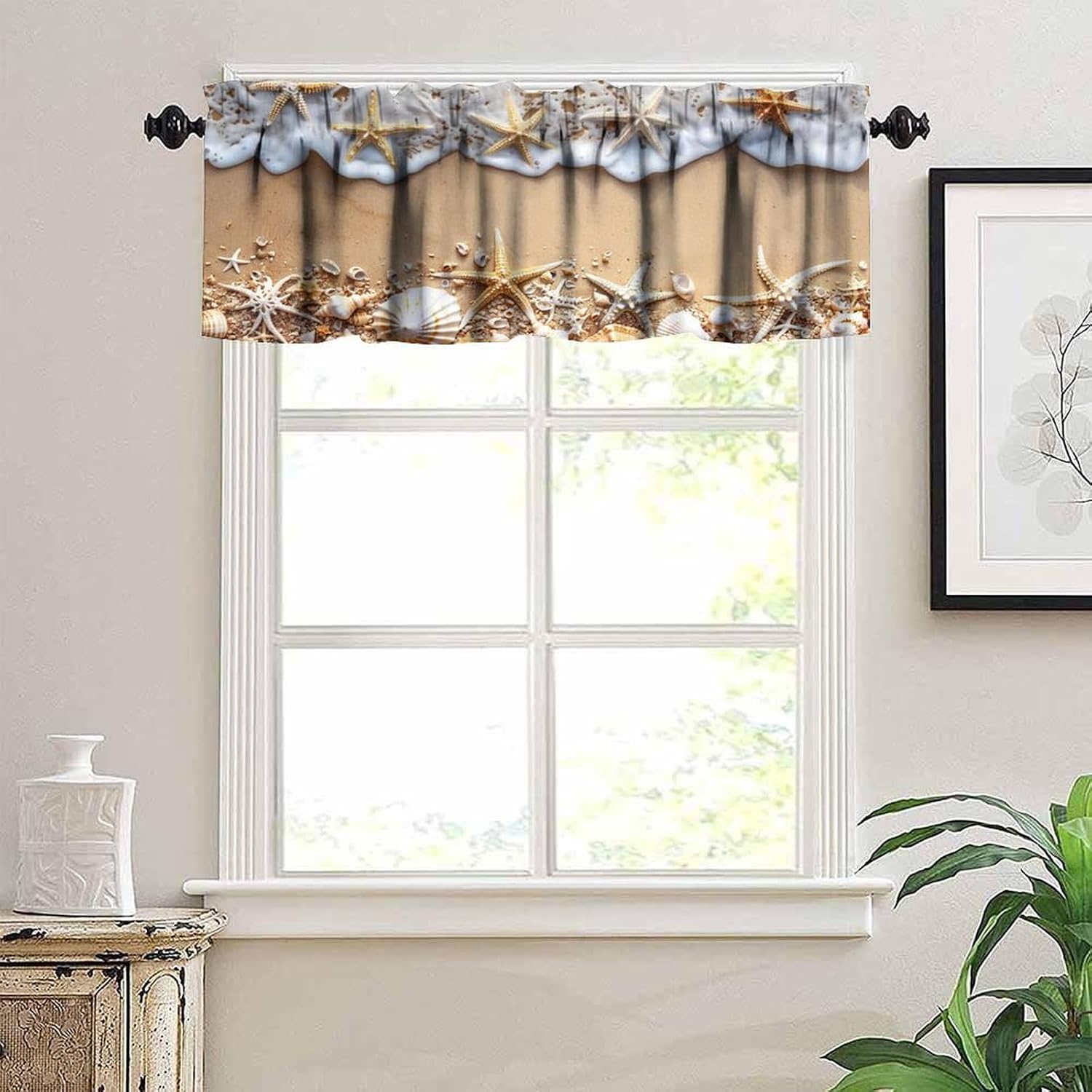 Coastal Beach Window Valance Curtain Ocean Wave Sand Starfish Seashell Print Summer Rod Pocket Short Curtain Valance Kitchen Bedroom Decor with Rod Pocket 54x18inch
