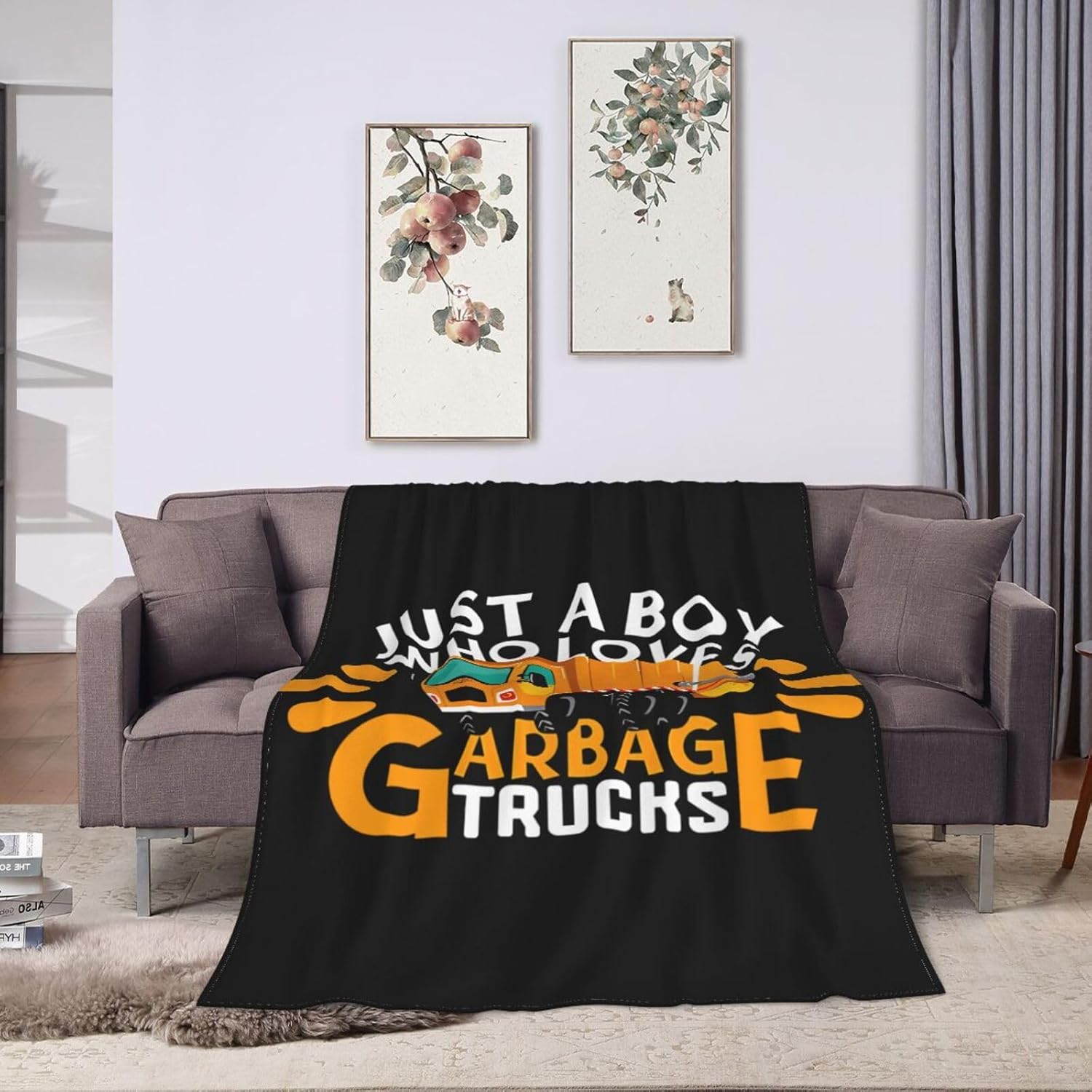 Just A Boy Who Loves Garbage Trucks Blanket Tapestry Sofa Bed Fuzzy Plush Luxury Flannel Super Cozy All Seasons Microfiber Warm Decorative Lightweight Bedroom 60""x50"", Painting
