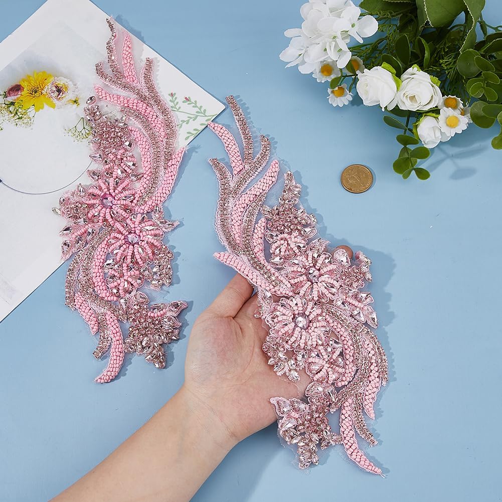 3Pair Rhinestone Applique Lace Patches Pink Embroidered Sequin Handmade Patches Floral Sewing Shiny Beads Trim Applique for Crafts Sewing Clothes Bride Dresses Decoration