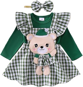 Newborn Toddler Baby Girl Cartoon Skirts Outfits Long Sleeve Solid Romper Ruffle Straps Plaid Skirts with Headband