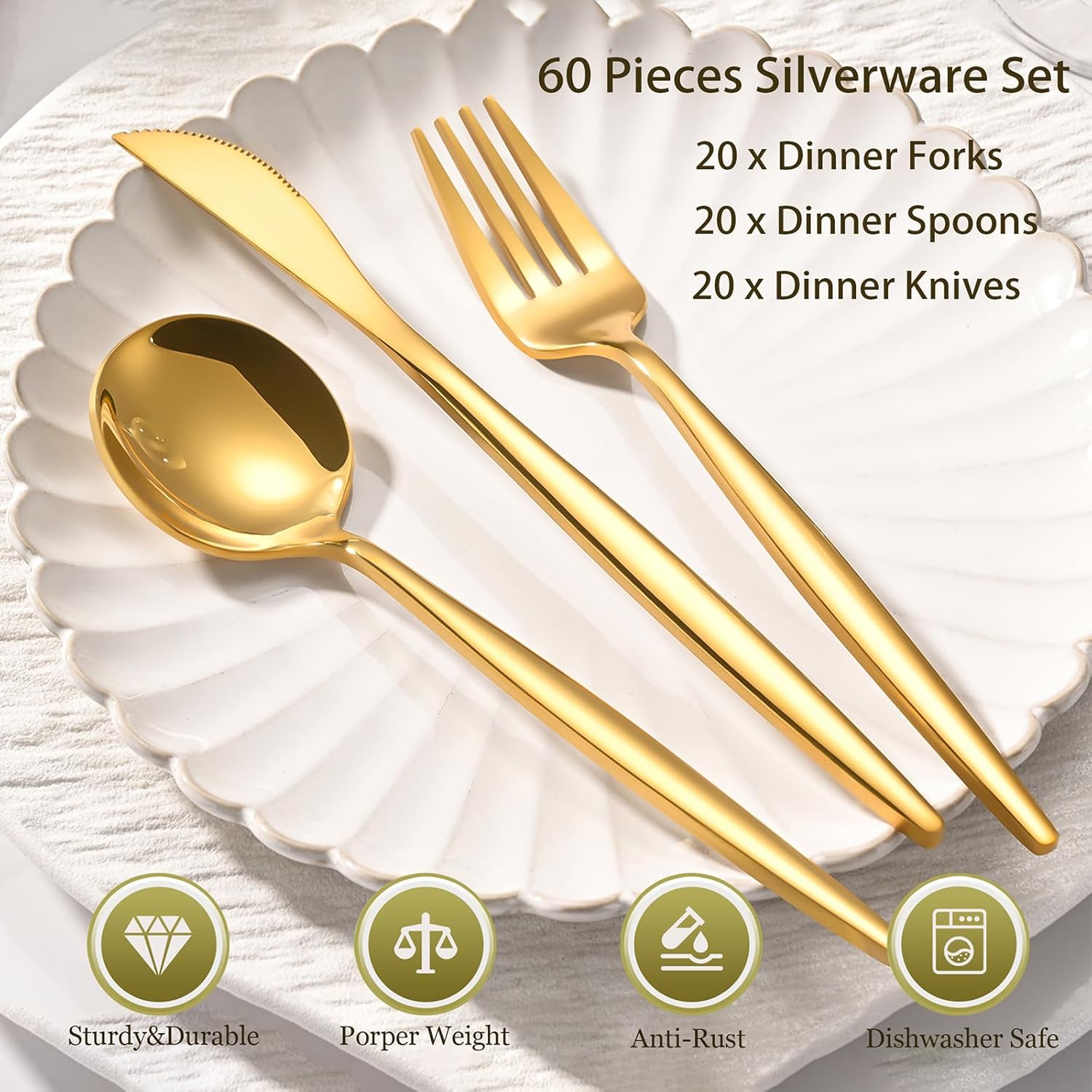 60 Piece Gold Silverware Set for 20, Stainless Steel Flatware Set with Thickened Knives Forks and Spoons, Mirror Finish Cutlery Set for Wedding, Parties, Restauroom, Gold